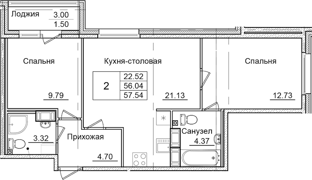 2-комнатная квартира 57.54 м², 6/9 эт., ЖК «Квартал Заречье»